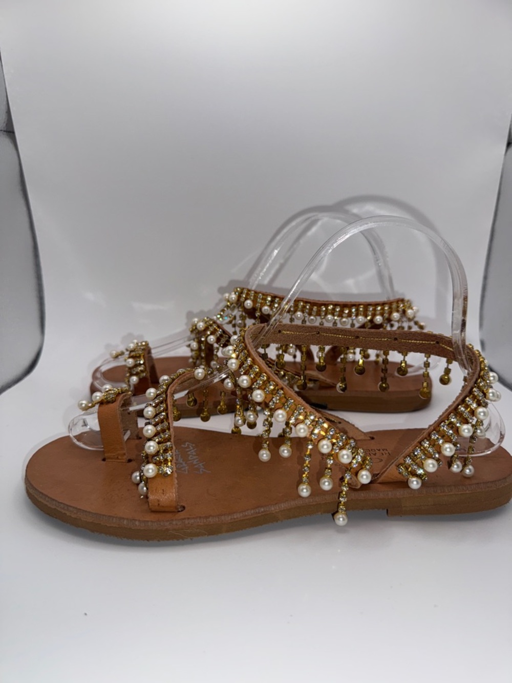 Innovative Greek Sandals GSP Real Leather Pearl Rhinestone Gold Flat Sandal - Picture 3 of 16